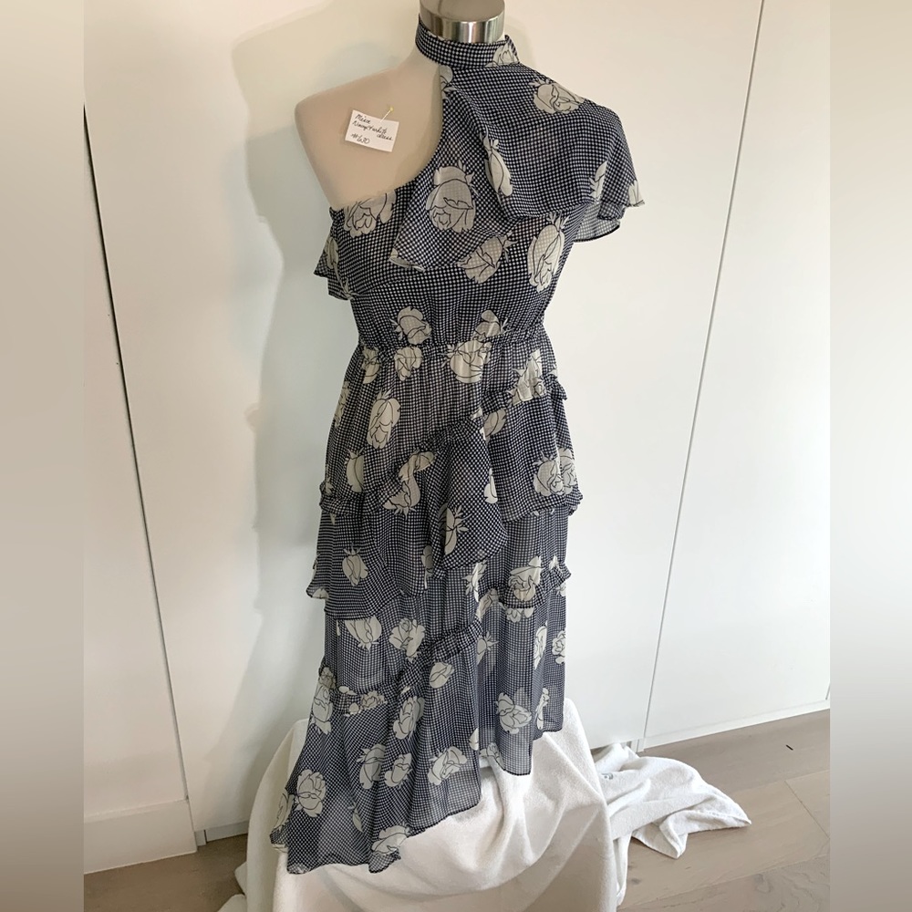 Misa - off shoulder, layered ruffle dress. Navy blue diamond w/ white rose print